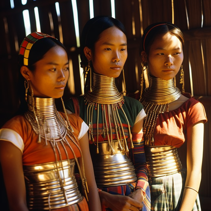 Trois jeunes Femmes Girafes de Padaung Karen