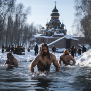 Epiphanie orthodoxe : des hommes se baignent dans l'eau glacée