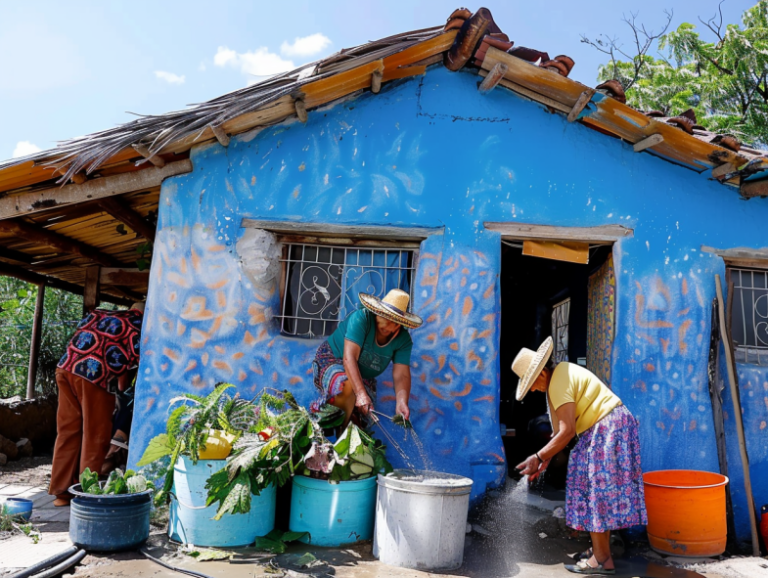 Des mexicains lavent l'entrée de leur maison