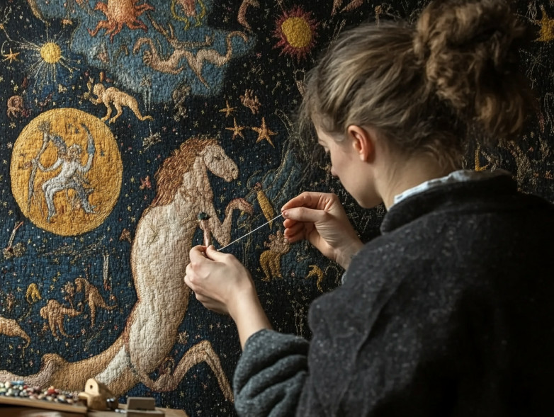 Une couturière réalise une tapisserie avec les signes zodiacaux